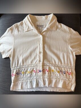 Vintage White Linen Blend Button Up Shirt Dressbarn Cottage Embroidered Crochet